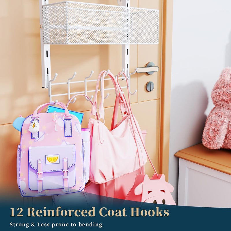 Consumest Over The Door Hooks Organizer - 4 Tier Door Coat Rack with 3 Baskets and 12 Hooks, Stainless Steel Towel Hanger for Bedroom, Bathroom, Living Room, White - Image 4